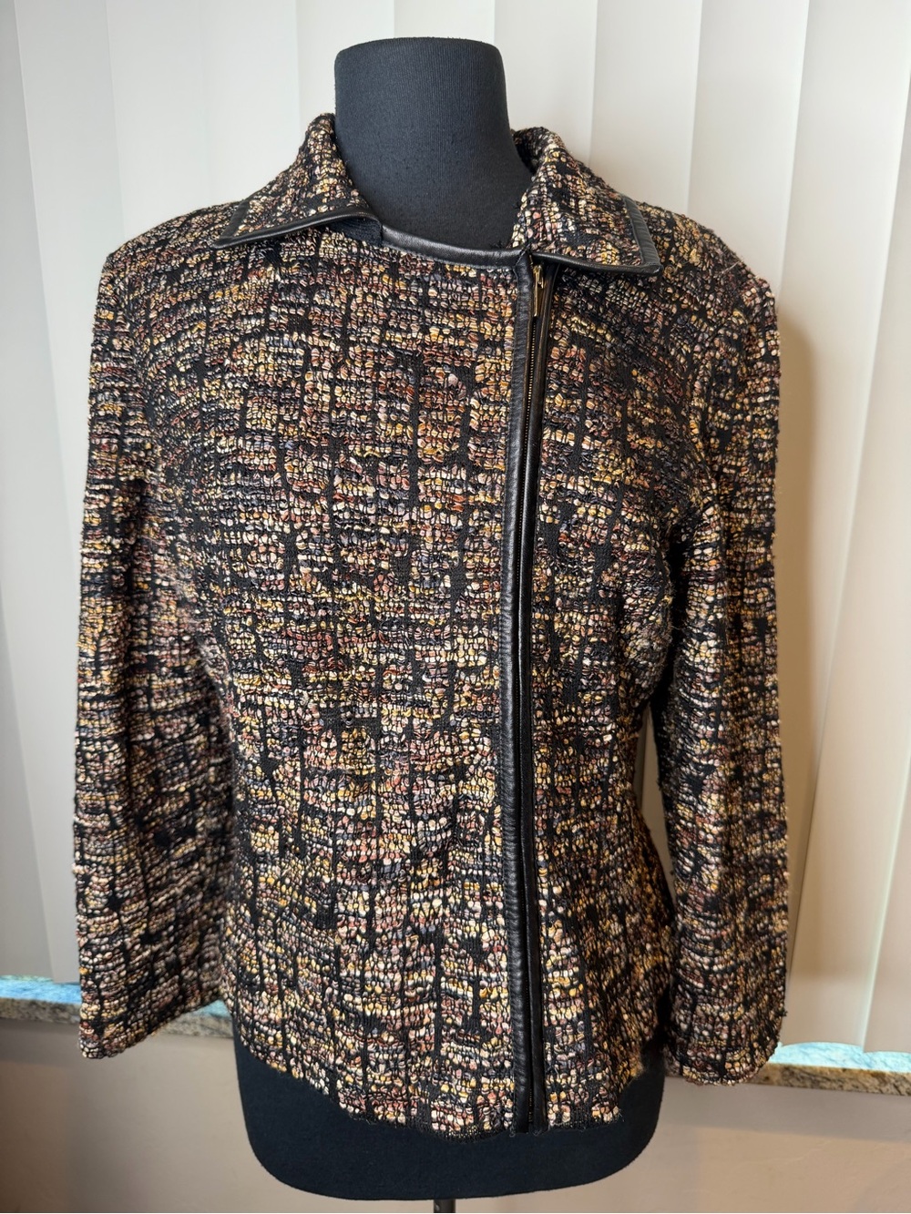 St. John Woven Tweed Zip-Front Women's Jacket in Black and Brown Size 12